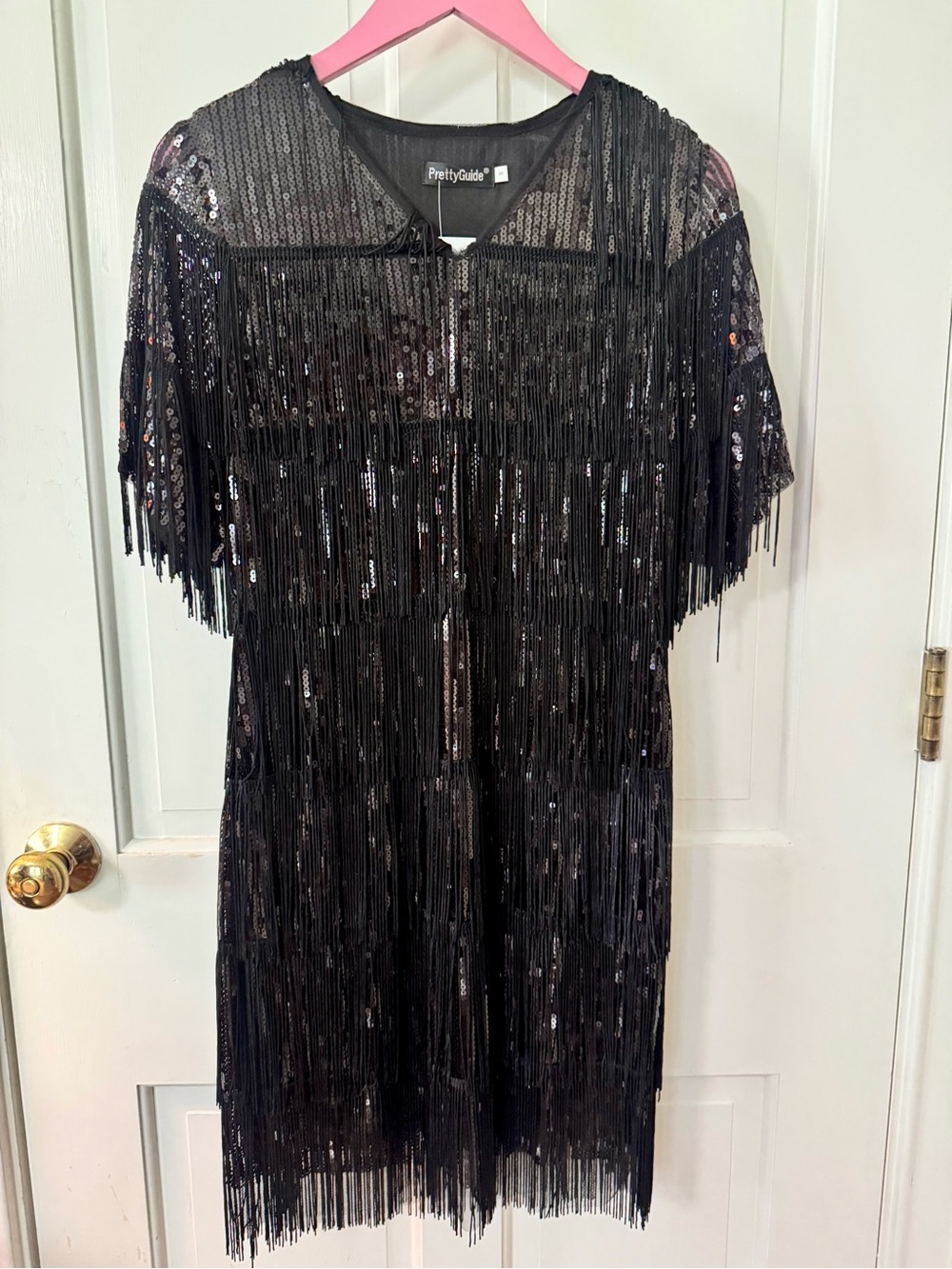 PrettyGuide Black Sequin Fringe Midi Dress with Short Sleeves
